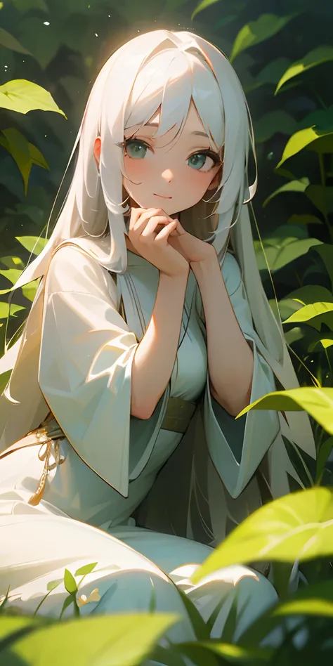 (master piece, best quality),1 girl with long white hair sitting in a field of green plants and flowers, hand under her chin, warm lighting, white dress, blurred foreground