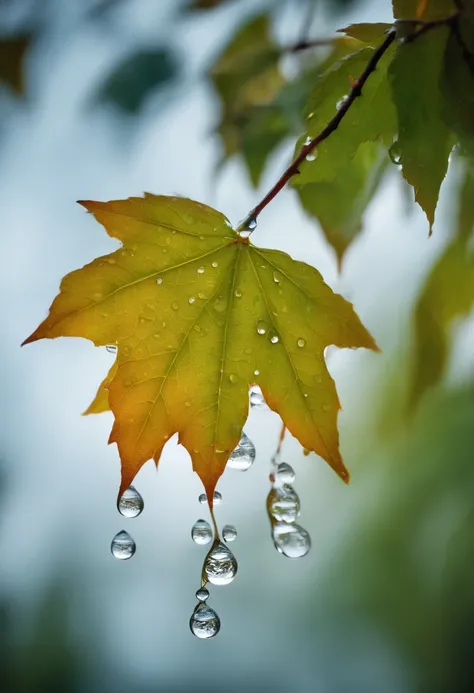 Some water drops are falling from a leaves of a tree, close-up photography, macro style, ultra hd clear, realistic photography, high details