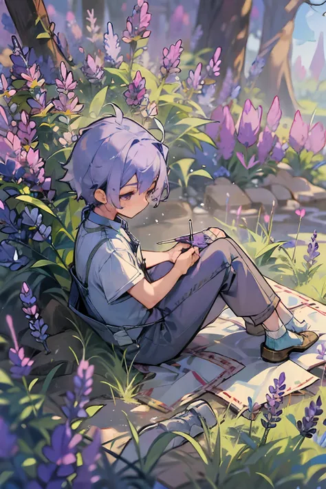 boy, lavender hair, a boy sitting on the ground while sewing, beautiful, colorful