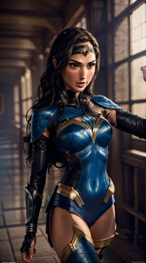 actess ((gal gadot)) as kitana from mortal kombat, in the temple, wields fans, blue-and-black revealing bodysuit, blue stockings...