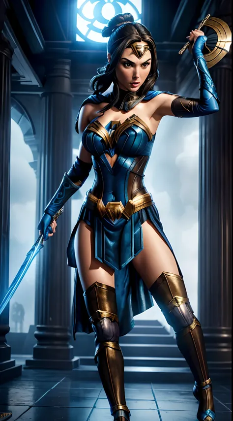 actess ((gal gadot)) as kitana from mortal kombat, in the temple, wields fans, blue-and-black revealing bodysuit, blue stockings...