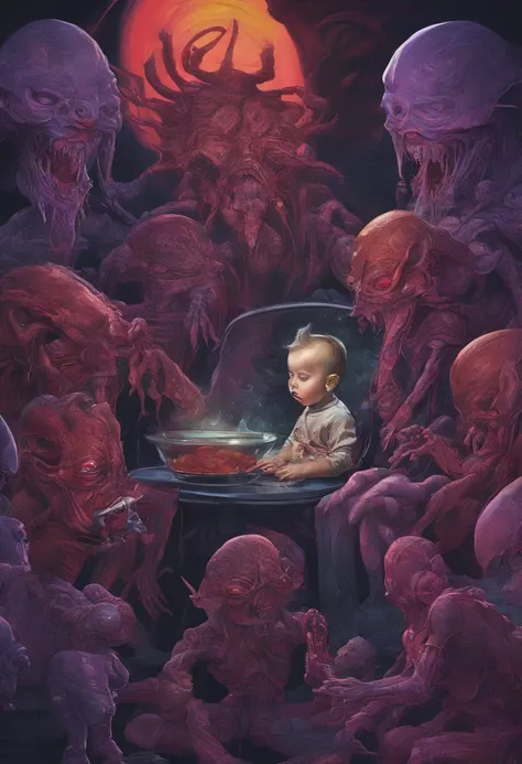 Satanic baby eating Chabad Lubavitch Vril, Intertel, Solomon Demons, having Sabat baby feasting together causing mass genocide, democide, suffering and pain to the people of earth, ball point pen drawing by juan francisco casas, digital painting by watabok...