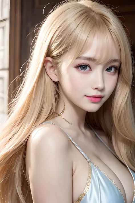 Super long blonde straight silk hair dazzling in gold、long hair between the eyes、The most beautiful girl in the world at 15 years old、Shining, Beautiful pale light blue eyes、Big double eyelid eyes、with round face、eye liner、Snow-white skin、shiny skin with s...