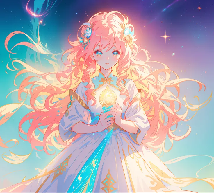 beautiful anime girl in white princess ballgown, vibrant pastel colors, (colorful), magical lights, red and gold long wavy curly hair, sparkling lines of light, inspired by Glen Keane, inspired by Lois van Baarle, disney art style, by Lois van Baarle, glow...