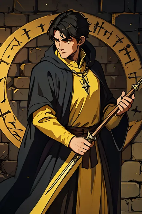 A man with short black hair He is a wizard wearing yellow medieval wizard robes A wizard for a medieval RPG RPG RPG Illustration Medieval Art RPG Medieval Illustration for Medieval RPG DND