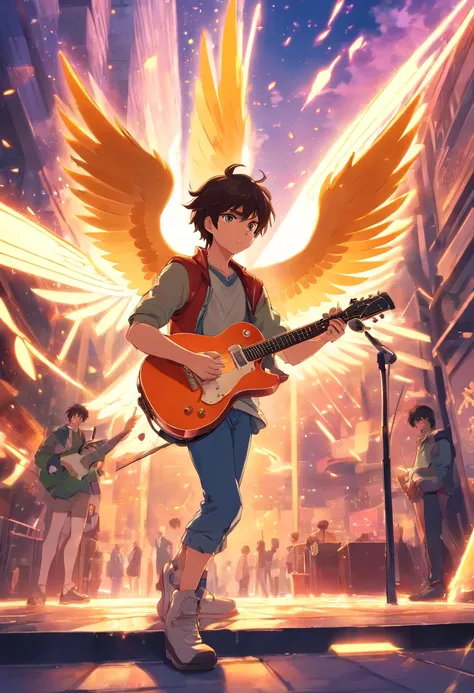 estilo anime, Seiya of Pegasus, Knights of the Zodiac, playing the guitar, cores quentes.