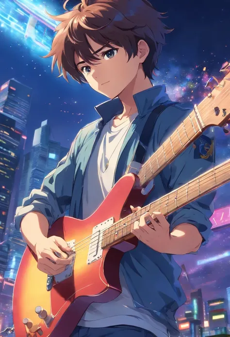 estilo anime, Seiya of Pegasus, Knights of the Zodiac, playing the guitar, cores quentes.