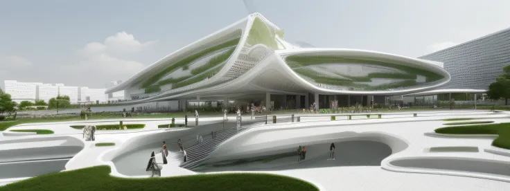 a cultural complex with glasses materials, white colors and greener