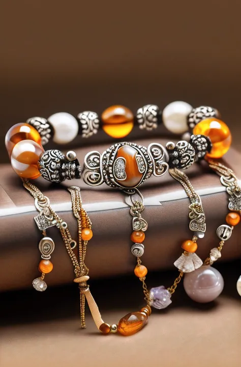 (best quality,ultra-detailed),bracelet close-up with beads and chains, embedded gemstones, crystalline shell, tigers eye, crystal inlay, agate crystals, silver spacer beads, exquisite detailed filigree, curved lines, carnelian, serene