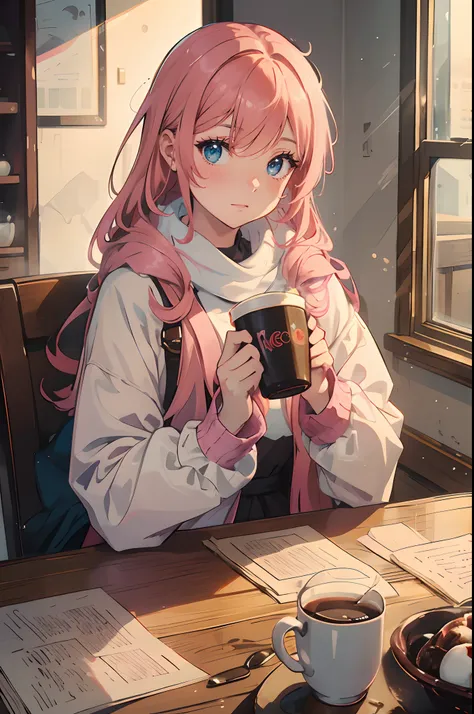 A young girl with long orange-pink hair and blue eyes holding a cup of hot chocolate. The weather is becoming colder, and winter is coming. She is inside the house, cozy and warm, enjoying her cup of hot chocolate. Simple background.