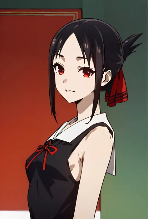 (beste-Qualit, 8K, 12), 1 girl, kaguya, black hair, the perfect body, ultra detail face, detailed lips, Excited, (((very small and pointy boobs))), red eyes, (school uniform), ((school)), (hair tied with a red ribon), black dress, smile, looking at viewer