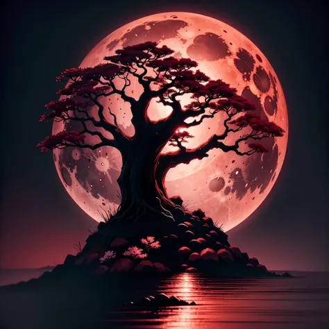 Red moon, cherry blossom tree, dark theme ,animation,nature