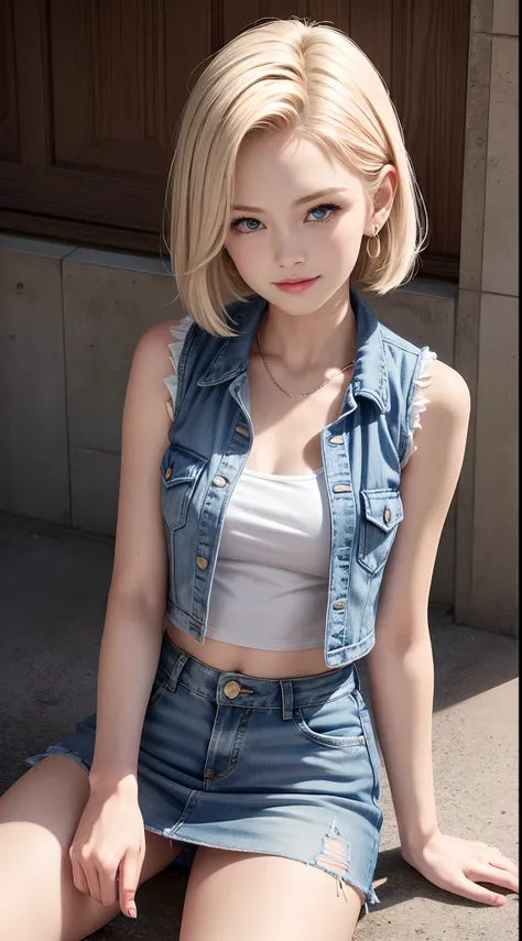 Best Quality, hight resolution, and18, 1girl in, Android 18, Solo, Blonde hair, Blue eyes, Short hair, Laughter and smile，earrings, Jewelry, Denim Vest, open vest, White belly button tank top，Jeans miniskirt,  Blue mini skirt, tiny chest, Cowboy Shot, Sitt...