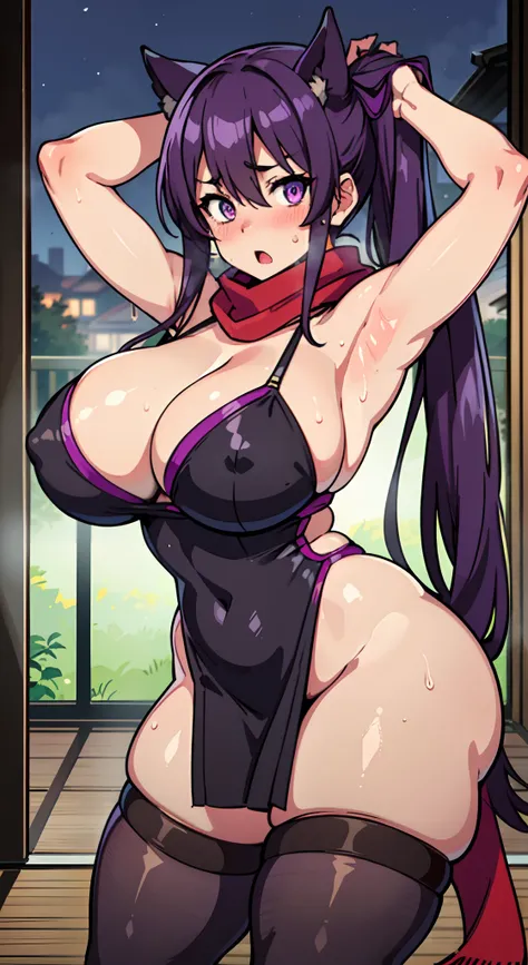 (Perfect body),Best Quality,16 K、NSFW、(ninjartist)、blush、glares、(((Surprised)))、embarrassed from,((Long hair))、hairs between eyes、((Lower twin tails))、()、(Eyes are purple),((Dark purple hair)),(Sweat)、Black knee socks、(Dark purple kimono)、a miniskirt、((red...