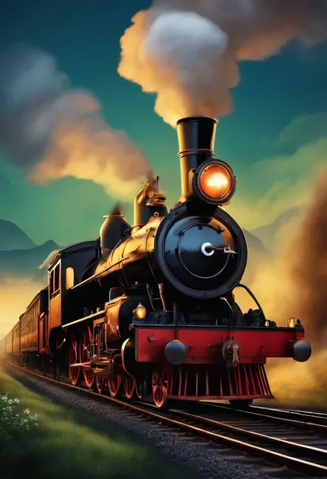 Steam train anthropomorphism，IP image，cartoony，adolable，High quality