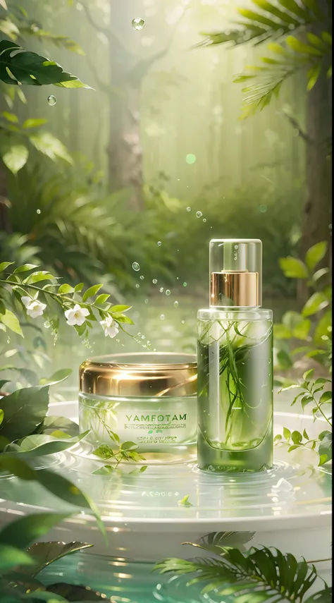 Aromatherapy，Natural green makeup photography studio background, Green forest style, Golden light, Smooth lines, Flowing water, White table, No Man, Product Focus, Depth of field, Minimalism, Elegant, streamlined shape, Commercial shooting, 4D,Overclocking...