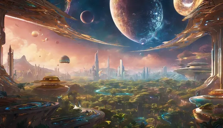 In a whimsical sci-fi world，The picture shows the two-dimensional sci-fi luxury academy scene。The picture shows three different environments：A desert、Rainforest and planetary sky。

The first is the desert environment，You can see the vast yellow desert spre...