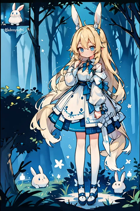 a girl, blond hair, blue eyes, bunny ears, bunny tail, in a dark forest, night time