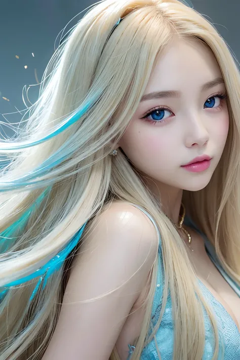 Super long blonde straight silk hair dazzling in gold、long hair between the eyes、The most beautiful girl in the world at 15 years old、Shining, Beautiful pale light blue eyes、Big double eyelid eyes、with round face、eye liner、Snow-white skin、shiny skin with s...