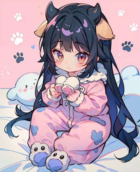 girl, woman,  little, child, 10 years old,
 black hair, very long, fluffy cow animal kigurumi pajamas, animal slippers, paw prin...