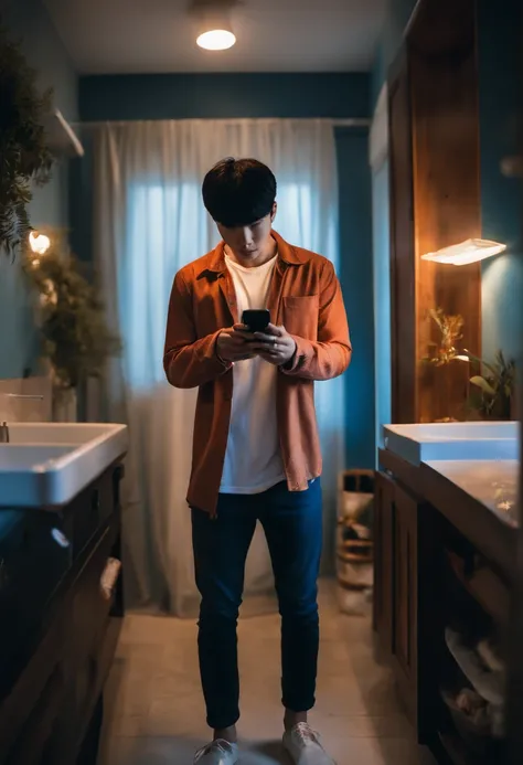 In this image, a 17-year-old teenager, who is Korean, is captured in a natural and genuine moment. He stands in his room, bathed in a soft, blue glow from the LED lights adorning his walls.

The focal point of the image is the young man himself. Hes holdin...