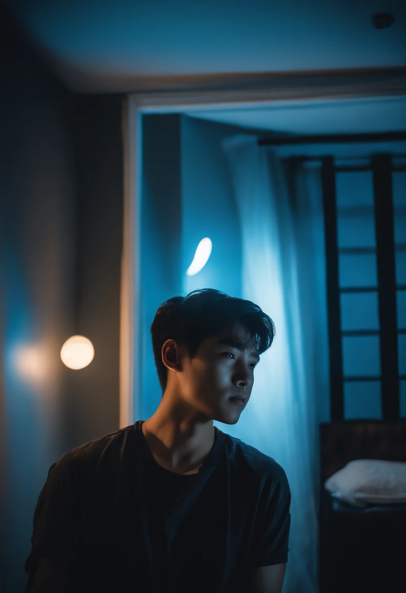 In this image, a 17-year-old teenager, who is Korean, is captured in a natural and genuine moment. He stands in his room, bathed in a soft, blue glow from the LED lights adorning his walls.

The focal point of the image is the young man himself. Hes holdin...