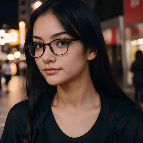 Very young female, half chinese, small slit-eyed, glasses, black hair, flawless white skin, long hair, photorealistic, best quality, hyper detailed, middle school student, beautiful woman, selfie photo, upper body, solo, wearing black clothes, at city stre...