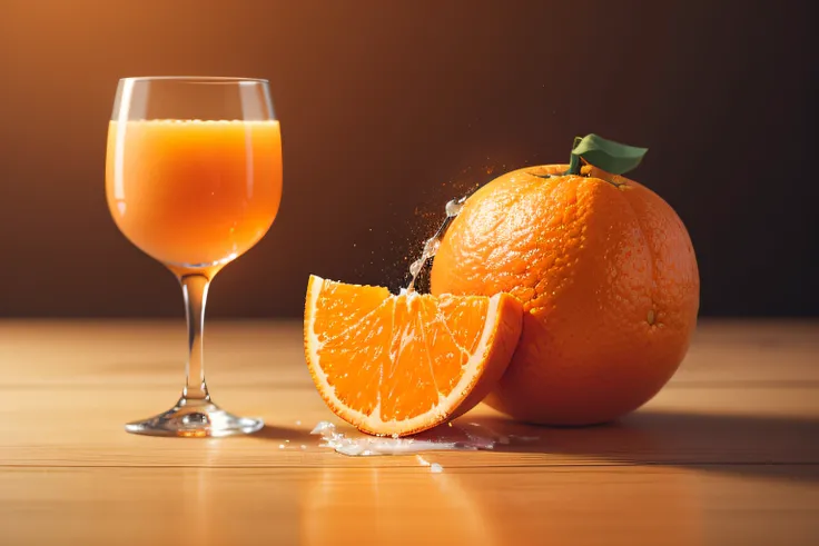 ((an orange cut in half releasing its juice over a glass)), realistic, blurred background, food photography, realistic, professional photography, very detailed, 8k, realism, super detailed.