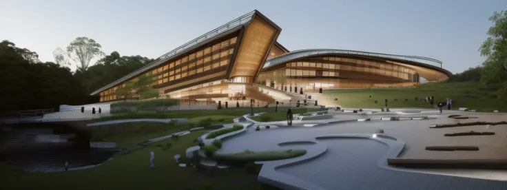 a cultural complex architecture with a sloping roof, with glass, wood, and greenery