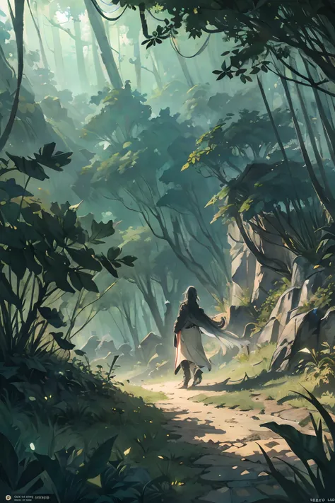 1 girl,(( away from the observer)) ,Dense jungle, Lighting green, inner illumination, volumetric lighting, cinematic lighting, ray traced, hyper detailed, hd, epic composition,overcoat, windblown leaves ,with your back to the viewer,