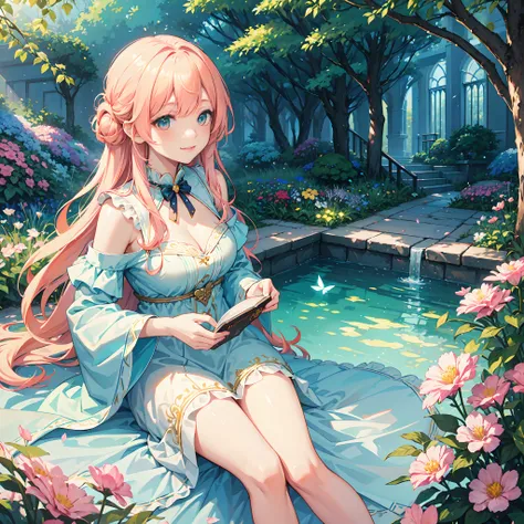 (best quality, 8k, masterpiece:1.2, nsfw ),Cutest,Cute girl,mesugaki,Beautiful face,Beautiful eyes,Beautiful hair, Light pink hair,Lots of colorful flowers,sunshine,peaceful garden,summer dress,holding a book,smiling,golden hour lighting,vibrant colors,hap...