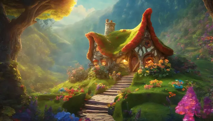 (Mysterious fantasy forest)，Hobbit Cottage, It is vividly depicted in the work (Best quality, 8K, Advanced resolution, Masterpiece: 1.2), With ultra-detailed detail (1.4x realism, Photorealistic: 1.37). This fantasy forest is made up of bright colors，bathe...