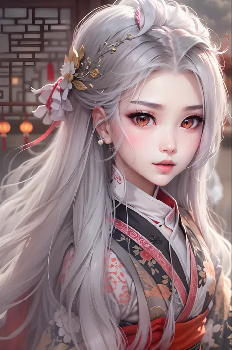 tmasterpiece，Need，超高分辨率，teens girl，adolable，Chinese ancient style，(Long silver-gray hair)，red color eyes，feater，fenghuang，Clouds，rays of sunshine，Kamimei