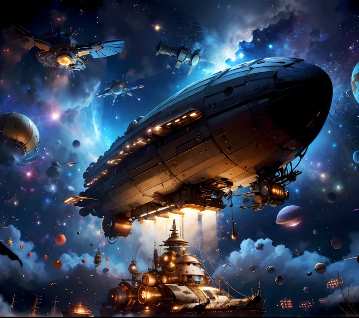 Steampunk AI , Cogpunk spacecraft in space, stellar, Masner Peace, epic composition、Final Fantasy、Enterprise、Nautilus