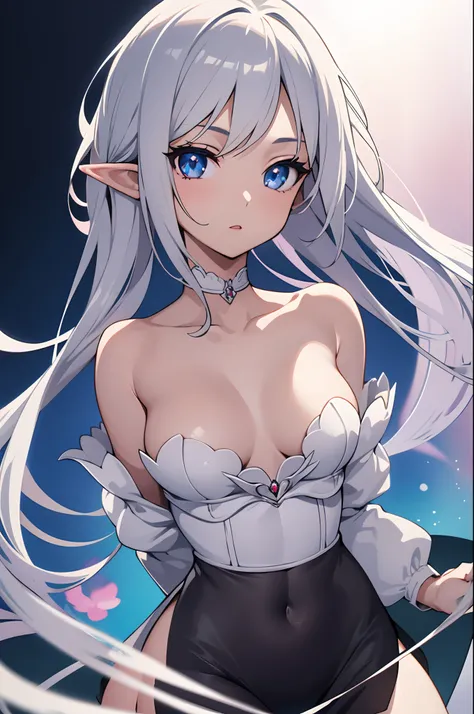 1girl, anime, cute girl, elf, blank background, white background, fantasy, detailed dark fantasy dress with highlights, beautiful face, beautiful eyes, dark colors, medium breasts, slight cleavage, beautiful skin, cute, silver hair, red eyes, breast curtai...