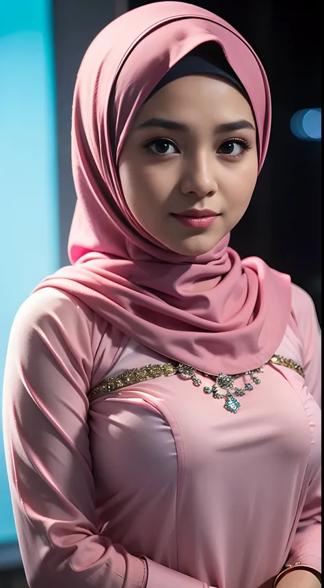 1 Malay girl, modern plain hijab, shy, medium portrait, watery eyes, pink glowing particles, wearing kebaya to the neck , ((covering the neck)), pink light bokeh background, proportional body,