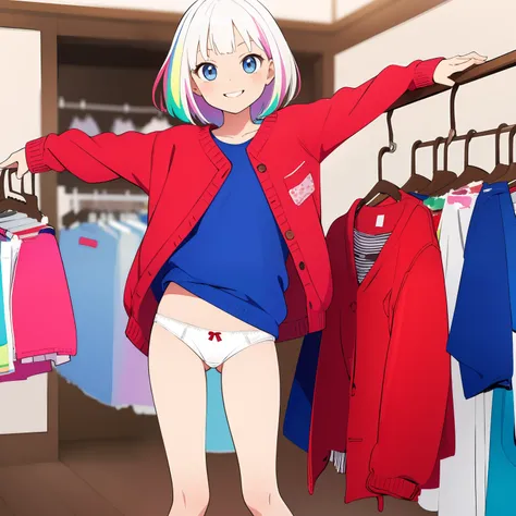 (masterpiece, best quality), clothing store, multiple girls, petite, loli, child, (colorful sweater, white panties), (take off pants, pull down pants), in a colorful clothing store, (changing clothes), smile, fun, wide angle, vibrant colors, watercolor