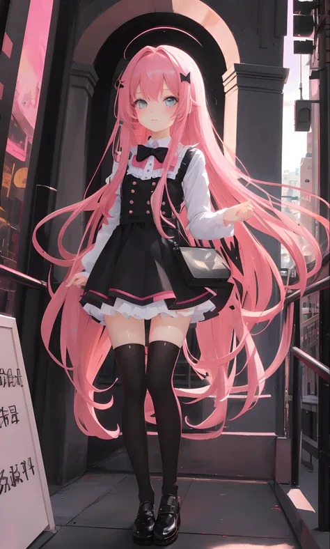 （tmasterpiece，best qualtiy:1.2），（ultra - detailed），Ultra photo realsisim，1girll，Cute little loli，Long pink hair，wearing dresses，Black stockings