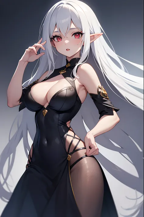 1girl, anime, cute girl, elf, blank background, white background, fantasy, detailed dark fantasy dress with highlights, beautiful face, beautiful eyes, dark colors, medium breasts, slight cleavage, beautiful skin, cute, silver hair, red eyes, breast curtai...