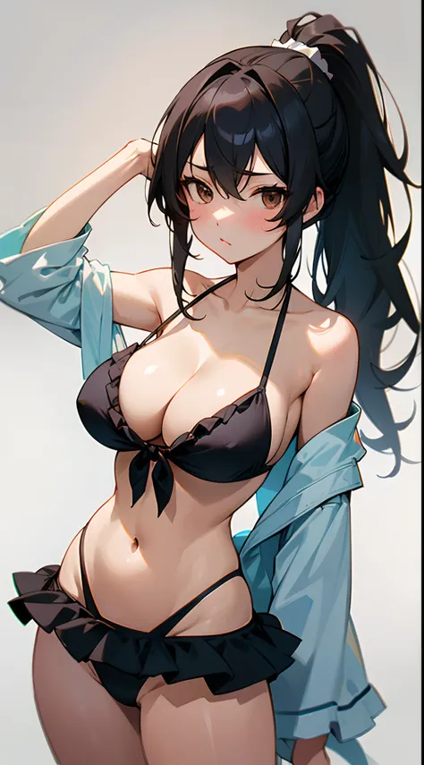 1girl, bangs, bare shoulders, bikini, black bikini, black hair, blush, breasts, brown eyes, cleavage, collarbone, cowboy shot, frilled bikini, frills, grey background, high ponytail, large breasts, layered bikini, long hair, looking at viewer, navel, ponyt...