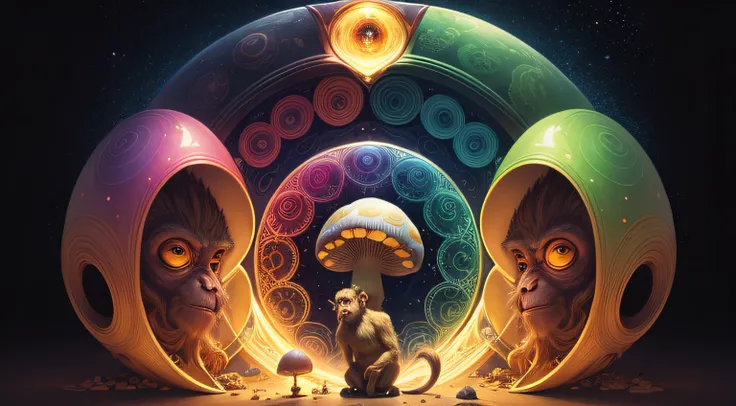 Monkey, Wizard, magic, inspiring, golden ratio, fibbonacci, masterpiece, mushroom, psychedelic, universe, artwork, mysterious