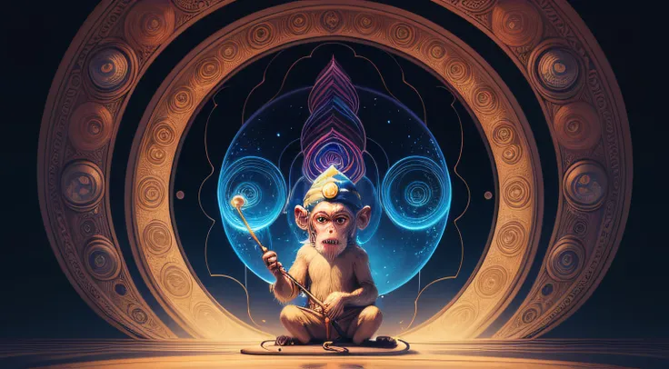 Wizard monkey with a magic wand, golden ratio, fibbonacci, masterpiece, mushroom, psychedelic, universe, artwork, mysterious