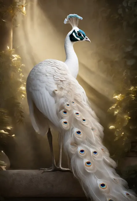 best quality, a stunning artwork of a beautiful white peacock, intricately detailed, (best shadow), elegant, volumetric lighting