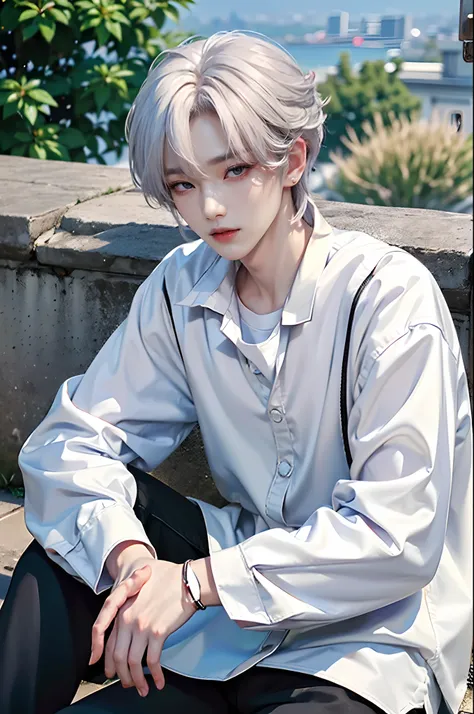 ​masterpiece、（top-quality)、((high-level image quality))、One Manly Boy、Slim body、((White Y-shirt and long black pants))、(Detailed beautiful eyes)、Stylish city background、sitting on a curb、Face similar to Chaewon in Ruseraphim、((short hair above the ears,))、...