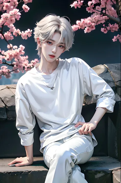 ​masterpiece、（top-quality)、((high-level image quality))、One Manly Boy、Slim body、((White Y-shirt and long black pants))、(Detailed beautiful eyes)、Stylish city background、sitting on a curb、Face similar to Chaewon in Ruseraphim、((short hair above the ears,))、...