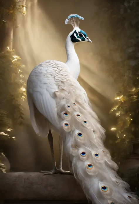 best quality, a stunning artwork of a beautiful white peacock, intricately detailed, (best shadow), elegant, volumetric lighting