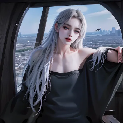 ((4K works))、​masterpiece、（top-quality)、((high-level image quality))、((one beautiful women))、Slim body、((Black Y Shirt Fashion))、(Detailed beautiful eyes)、Crow on fantastic city background、((Face similar to Chaewon in Ruseraphim))、((shoulder-length hair))、...