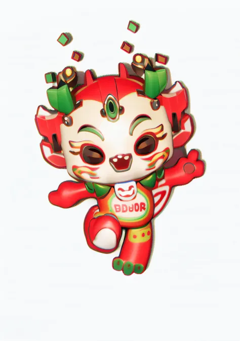 Cartoon character of red and green cat with green tail, tchibi, inspired by Park Hua, drak, Cartoon, Three-dimensional, Cute