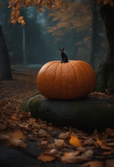 /imagine a halloween scene, with a big pumpkin and smaller ones, spooky, geek, horror, ultra realistic, 8k