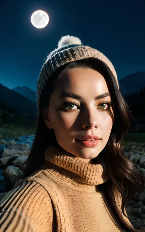 Margot Robbie, photorealistic, best quality, hyper detailed, beautiful woman, selfie photo, upper body, solo, wearing pullover, outdoors, (night), mountains, real life nature, stars, moon, (cheerful, happy), sleeping bag, gloves, sweater, beanie, flashligh...